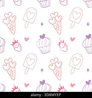 Süßes Dessert nahtloses Muster mit Cupcakes, Eis und Erdbeeren Stock Vektor