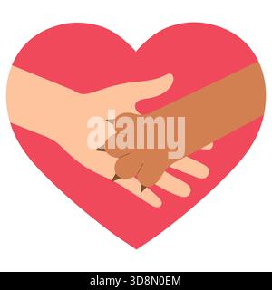 Illustration der Hand von Hund und Mann im roten Herzen auf weißem Hintergrund. Stock Vektor