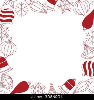 Handgezeichnete Silvester-Rahmenschablone mit Weihnachtsbaumschmuck und Schneeflocken Stock Vektor