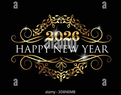 Frohes neues Jahr 2026, Neujahrsgruß, Partyfeier, Banner und Poster Karte Neujahr, Neujahrsdesignvorlage, Weihnachtsgruß Schwarz Stock Vektor