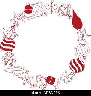 Handgezeichneter Weihnachtskranz mit Weihnachtsbaumschmuck und Schneeflocken im Linienart-Doodle-Stil Stock Vektor