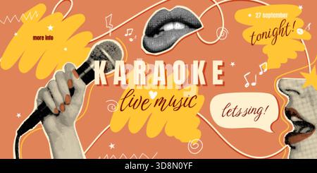 Karaoke-Collage-Banner. Mikrofon Musik singen Party, Sänger Song Radio Aufnahme Podcast Unterhaltung Halbton Retro Pop Art Ausschnitt kreatives Poster Design, exakte Vektor Illustration Original Artwork Stock Vektor