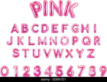 Pinke Schriftart im Ballon. 3d Bubble Gummi Alphabet, nette Hochglanz-Effekt realistische aufgeblähte Buchstaben Mädchen Baby Dusche Geburtstagsparty Kind Text y2k Design, lokalisierte exakte Vektor Illustration Original Artwork Stock Vektor