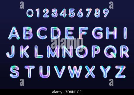 Holographisches Ballon-Alphabet. Irisierende Buchstaben Hologramm Alphabet, 3D aufgeblähter Text realistische Metall Flüssigkeit Blasen Zahl y2k Design Typografie isolierte exakte Vektorillustration Original-Kunstwerk Stock Vektor