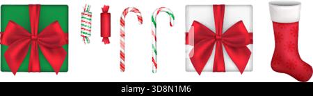 Weihnachtsgeschenke Süßigkeiten. Realistische Geschenkbox von oben, Süßigkeiten Zuckerrohr Bonbons rot weiß grün gestreift Stick Pfefferminz Lutscher Geschenkbox mit Schleife 3D isolierte Vektor Illustration Original Kunstwerk Stock Vektor