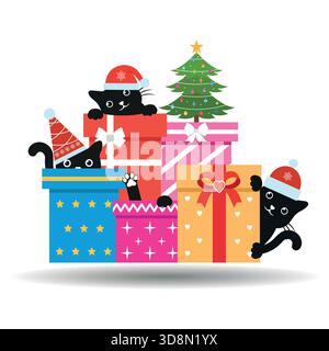 Illustration von niedlichen schwarzen Katzen in Weihnachtsmütze und Geschenkboxen auf weißem Hintergrund. Stock Vektor