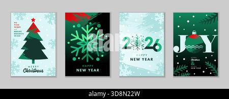 Farbige Grunge-Grußkarten für frohe Weihnachten und Happy New Year 2026. Kreatives Vektordesign mit Weihnachtsbaum, Facette Schneeflocke, Zahlen 2026 Stock Vektor