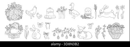 Oster Elements Line Doodle Set. Ostereier, Korb mit Eierkuchen, Kaninchen, Huhn, Gänselamm und Blumen. Die Osterferien sind festlich. Karikatur kindliche Färbung Buch Vektor Hand gezeichnete Illustration Stock Vektor