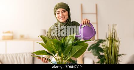 Frau in grünem Kopftuch bewässert Indoor Pflanzen in gemütlichem Wohnzimmer gefüllt mit Grün Stockfoto