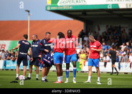 BAD WIMSBACH, ÖSTERREICH - 1. AUGUST: Spieler des Crystal Palace FC beim Aufwärmen während des Freundschaftsspiels vor der Saison zwischen dem FC Augsburg und Crystal Palace FC im Hofmaninger Stadion am 1. August 2025 in Bad Wimsbach, Österreich .250801 SEPA 07 017 - 20250801 PD19619 Stockfoto