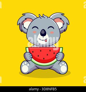 Happy Koala genießt ein Stück Wassermelone Vektor Illustration Cartoon Kawaii Design Stock Vektor