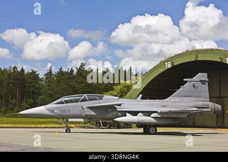 Saab Gripen JAS 39D, Tschechische Luftwaffe, Kampfflugzeug, Flugzeug, 1 Turbofan-Motor, Zweisitzer, kampftauglich, Flugzeug, Flugzeugtyp, schwedischer Mehrzweckwagen Stockfoto