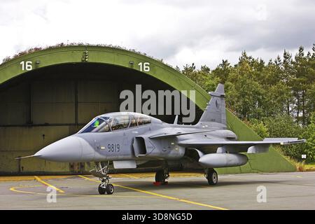 Saab Gripen JAS 39D Czech Air Force, Jagdflugzeug, Flugzeug, 1 Turbofan-Motor, Zweisitzer, kampftauglich, Flugzeug, Flugzeugtyp, schwedischer Mehrzweck Stockfoto