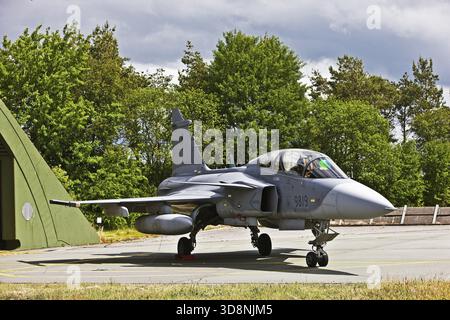 Saab Gripen JAS 39D Czech Air Force, Jagdflugzeug, Flugzeug, 1 Turbofan-Motor, Zweisitzer, kampftauglich, Flugzeug, Flugzeugtyp, schwedischer Mehrzweck Stockfoto