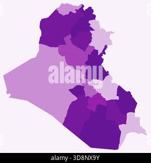 Karte des Irak mit Regionen. Nur eine einfache Ländergrenzkarte mit regionaler Aufteilung. Lila Farbpalette. Flacher Irak-Gestalt mit administrativer Teilung. Stock Vektor