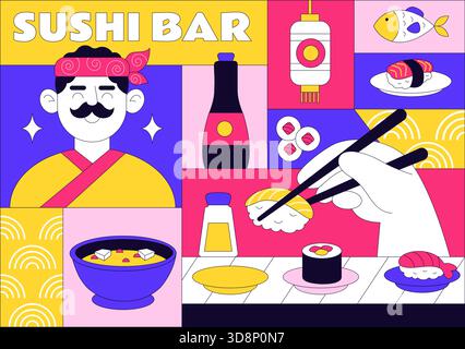 Sushi Bar Vektor Illustration mit japanischem asiatischem Essen oder Restaurant, das Sashimi, Reis, Sojasauce und Wasabi in einem flachen Hintergrund serviert Stock Vektor
