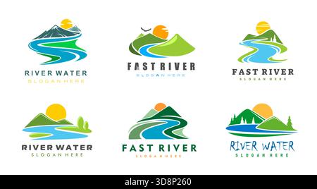 Gebirgsflußsymbole von Vektortälern mit grünen Hügeln, Wasser- und Sonnenlandschaft. Outdoor-Abenteuer und Tourismus isolierte Symbole mit Berggipfeln Tal, Waldbäumen und fließendem Fluss Stock Vektor