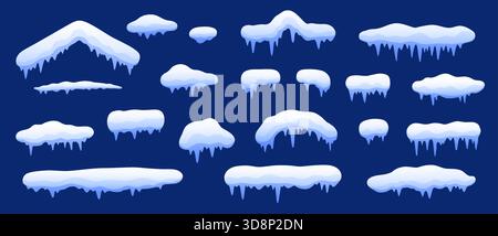 Cartoon Winter Schnee Eiskappen und Schneetreiben mit gefrorenen Eiszapfen. Vektor Weihnachten Winterferien Fensterrahmen und Dach Schneekappen, Eishaufen und Frost. Auf dem Dach und am Rand verschneiten sich Schnee mit hängenden Eiszapfen Stock Vektor