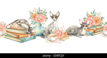 Sphynx-Katze mit nahtlosem Blumenrand. Sphinx-Kätzchen liegt auf einem Stapel Bücher, sitzt mit Juwel, Tasse Tee. Vase mit Blumenmuster im Vintage-Stil Stockfoto