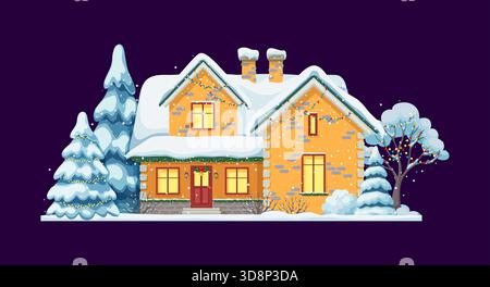 Winter Weihnachten Schnee Haus, gelb Schnee Cottage Gebäude. Vektor-Dorfhütte mit leuchtenden Fenstern, schneebedecktem Dach, bunten Girlanden und Fichtenbäumen herum. Gemütliche traditionelle Feiertagsnacht Stock Vektor