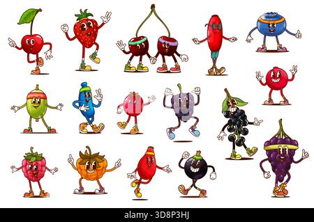 Cartoon groovige Beerenfiguren, die sportliche Aktivitäten machen. Retro Hippie Farm Frucht Vektorfiguren laufen und springen. Psychedelische Erdbeere, Kirsch- und Traubenbeeren, groovige Himbeere und Preiselbeere Stock Vektor