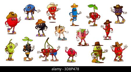 Cartoon groovige Beeren Cowboy und Sheriff Charaktere, Retro Western Fruit Food Vector Personages. Lustige, groovige Figuren aus Erdbeeren, Kirschen, Himbeeren und Preiselbeeren mit Wild West-Hüten und Waffen Stock Vektor