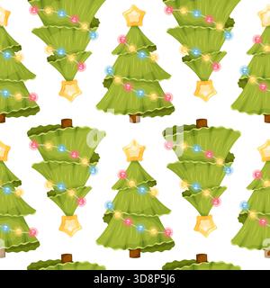 Niedliches nahtloses Muster mit weihnachtsbaum mit Girlande und leuchtenden mehrfarbigen Lichtern Stock Vektor