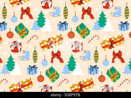 Nahtloses Muster für Weihnachten und Neujahr. Festliche Textilien der Saison. Weihnachtsgeschenke, Dekor, Bögen, Winter, Schneeflocken, Weihnachtsbaum und Spielzeug, Lutscher. Stockfoto