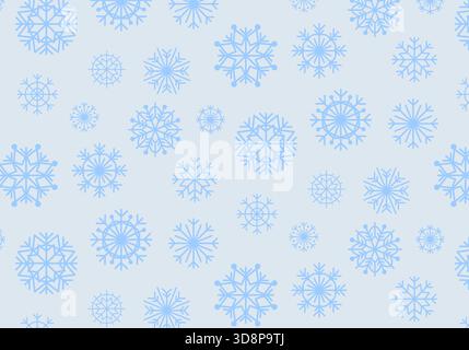 Niedliches nahtloses Muster aus blauen Schneeflocken in verschiedenen Formen und Größen in flachem minimalistischem Stil. Weihnachtsdekor, Weihnachten, Neujahr, Frost, Winter. Stockfoto