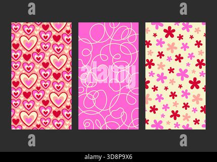 Nahtlose Muster mit Blumen, Herzen, Linien für Dekoration und Druck auf Kleidung, Tapeten, Verpackung. Niedliches Dekor für den Urlaub. Geschenkpapier. Stockfoto