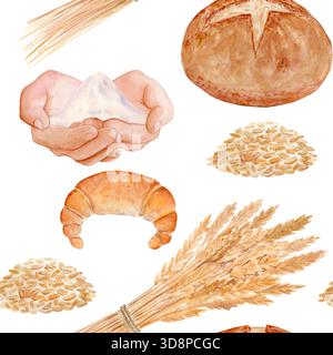 Halbmondbrötchen, rundes Brot, Weizenkörner, Mehlsack. Nahtloses Aquarellmuster auf weißem Hintergrund mit perfekt für Bäckerei Verpackung, Küche Stockfoto