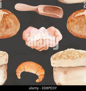 Mit Mehl bestückte Hände, rundes Brot, Körner in Mehlsack. Nahtloses Aquarellmuster auf Grau. Ideal für Backwaren, Küchentextilien und Speisekarten Stockfoto