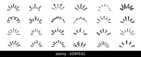 Die handgezeichnete Liniengrafik strotzt vor überraschenden Strahlen und Funkeln. Die handgezeichneten Starburst-Ikonen leuchten hell. Überraschende Formen für Comic-Effekte, Manga-Spritzer und Zeichentrickdekorationen. Vektorabbildung Stock Vektor