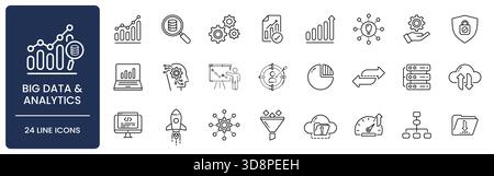 Symbolgruppe Big Data und Analytics Line. Sammlung von Analysen, Datenbanken, Verarbeitung, maschinellem Lernen, Berichten, Algorithmus, Suche, Wachstum, Cloud Stock Vektor