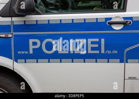 Seitendetail eines deutschen Polizeiwagens mit reflektierendem Polizei-Schriftzug, markantem blauem Streifen und einem Teil der Web-Adverts Stockfoto