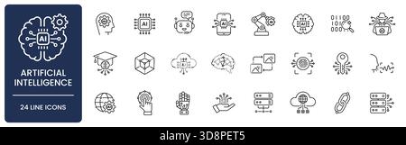 Symbolsatz für künstliche Intelligenz und maschinelles Lernen mit bearbeitbarer Kontur. Umfasst Chatbot, neuronales Netzwerk, Deep Learning, Algorithmus, Biometrie Stock Vektor
