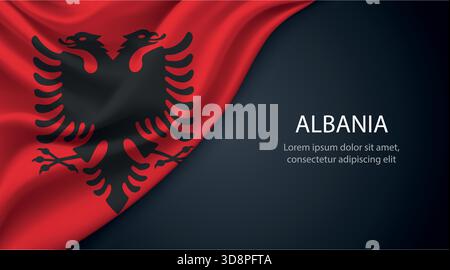 Albanien realistisch schwenkende Flagge auf dunklem Hintergrund mit eleganten Falten und Beleuchtung Stock Vektor