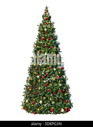 Dekorierter Weihnachtsbaum mit roten und goldenen Kugeln und Girlanden Licht auf weißem Hintergrund Stockfoto