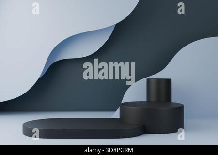 Dunkler, geometrischer, komplexer abstrakter Hintergrund mit mehreren Podesten Stockfoto