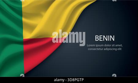 Benin realistisch schwenkende Flagge auf dunklem Hintergrund mit eleganten Falten und Beleuchtung Stock Vektor
