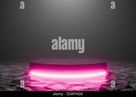 Produktpodium mit leuchtendem rosafarbenem Neonlicht auf dunklem Hintergrund Stockfoto