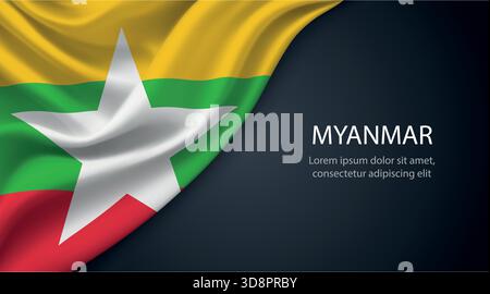 Myanmar realistische winkende Flagge auf dunklem Hintergrund mit eleganten Falten und Beleuchtung Stock Vektor