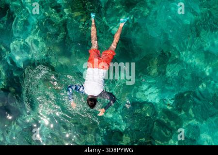 Ein Taucher erkundet die pulsierenden Korallenriffe in kristallklarem Wasser an einem sonnigen Tag in einem tropischen Paradies. Ein Tourist ist Schnorcheln. Stockfoto