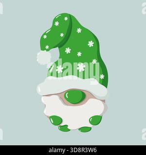 Weihnachtszwerg im Cartoon-Stil mit hohem grünem Hut, verziert mit Schneeflocken und einem flauschigen Bommel. Weißer Bart, grüne Nase, Fäustlinge und Schuhe Stock Vektor