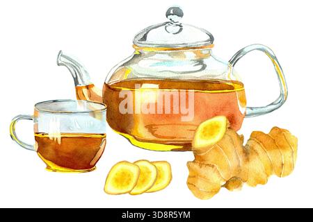 Aquarell handgezeichneter heißer schwarzer Tee in Glas-Teekanne und -Tasse. Illustration von Kessel, Kräutergetränk und Ingwerwurzel isoliert auf weißem Hintergrund. Stockfoto