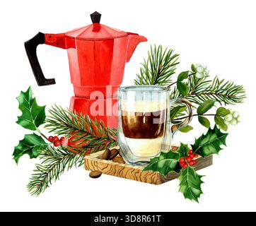 Werbekomposition im Winter-Coffee-Shop. Weihnachten Aquarellillustration mit roter Geysir-Kaffeemaschine, Latte-Glas-Tasse, Fichtenzweige, Kegel. Stockfoto