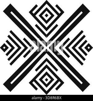Schwarze Linien und geometrische Formen sind symmetrisch auf weißem Hintergrund angeordnet und bilden ein abstraktes kreuzförmiges Design mit Rautenelementen. Stock Vektor
