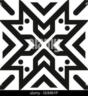 Ein schwarz-weißes Grafikdesign zeigt eine sternähnliche Form, die aus Linien, Chevrons und kreisförmigen Punkten in einem symmetrischen, sich wiederholenden Muster erstellt wurde. Stock Vektor