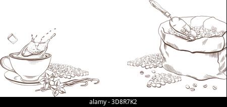 Kaffeeschablone mit Kaffeetasse mit spritzender Flüssigkeit als Zuckerwürfel hinein, Kaffeebohnen stapeln, Vanilleschoten und -Blüten, Sackleinen-Sack, Vintage Stock Vektor