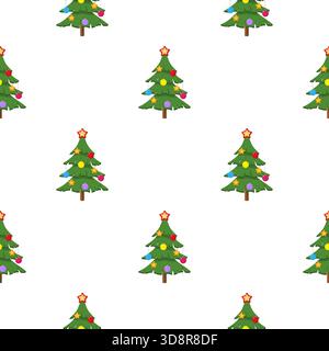 Nahtloses Weihnachtsmuster mit dekorierten Karikaturkiefern oder Weihnachtsbäumen mit Ornamenten und einem Sternchen auf weißem Hintergrund. Bearbeitbar Stock Vektor
